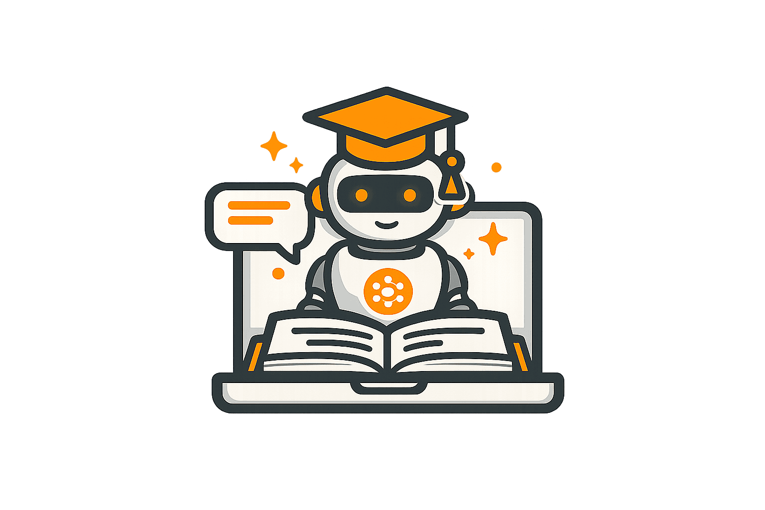 Aprendizaje en línea con robot y libro, representando servicios educativos digitales en Masteria Tec.