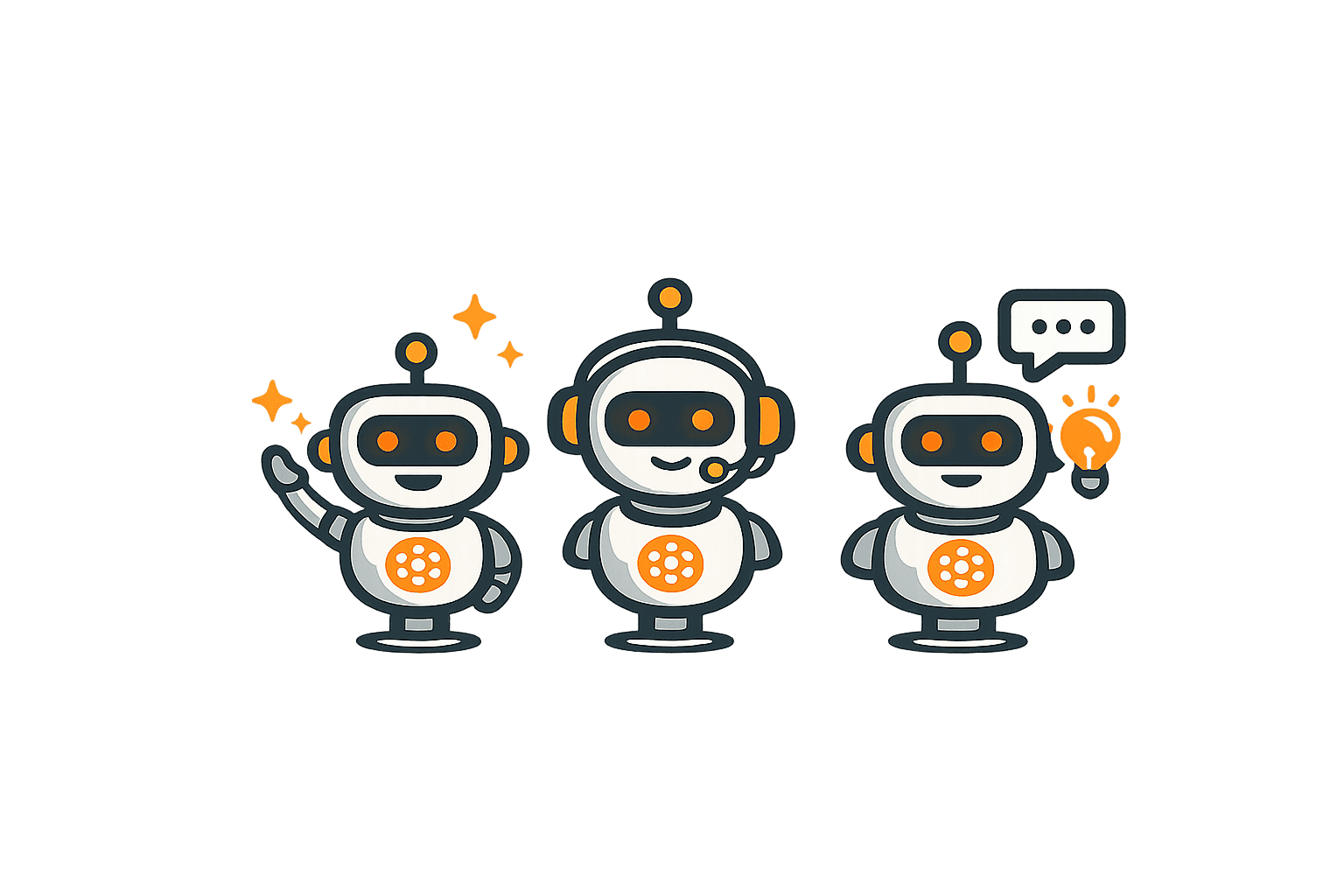 Robots de atención al cliente representando servicios tecnológicos y soporte digital.